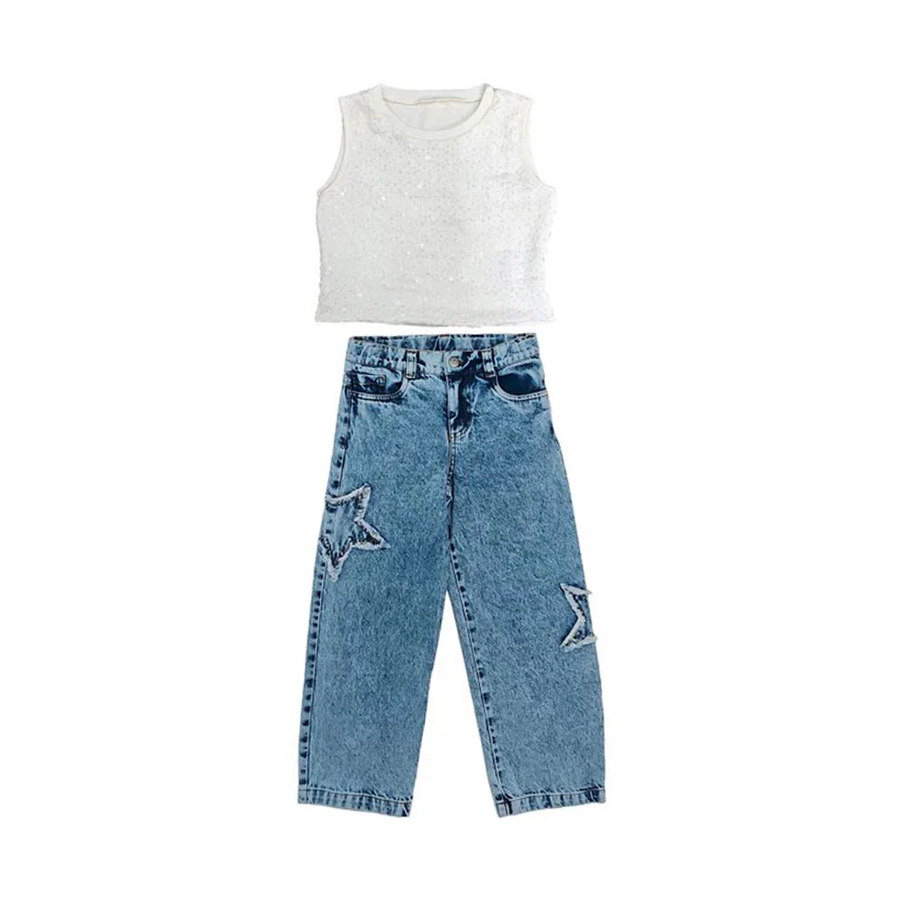 33020 CONJUNTO ESTRELLA NIÑA JUNIOR - PANTALÓN DENIM ESTRELLAS Y BLUSA LENTEJUELAS - Image 2