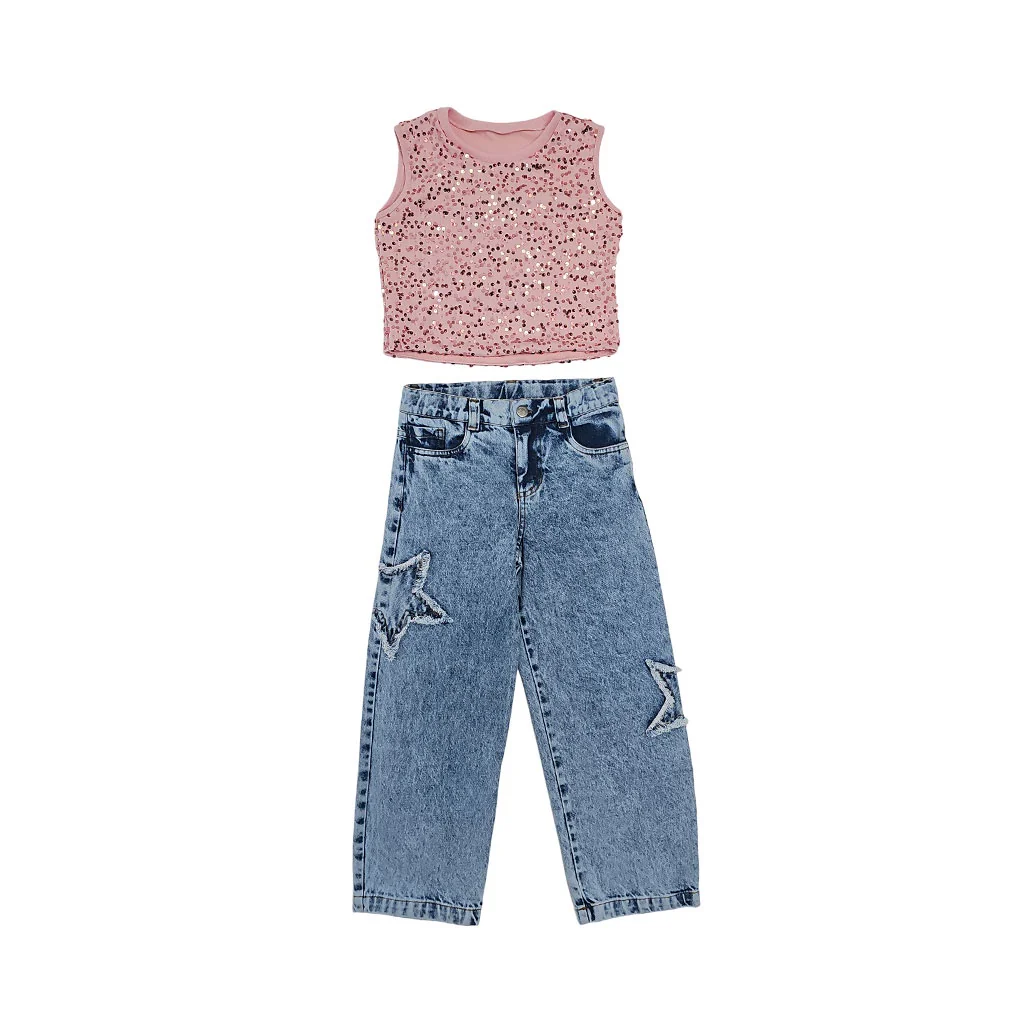 33020 CONJUNTO ESTRELLA NIÑA JUNIOR - PANTALÓN DENIM ESTRELLAS Y BLUSA LENTEJUELAS