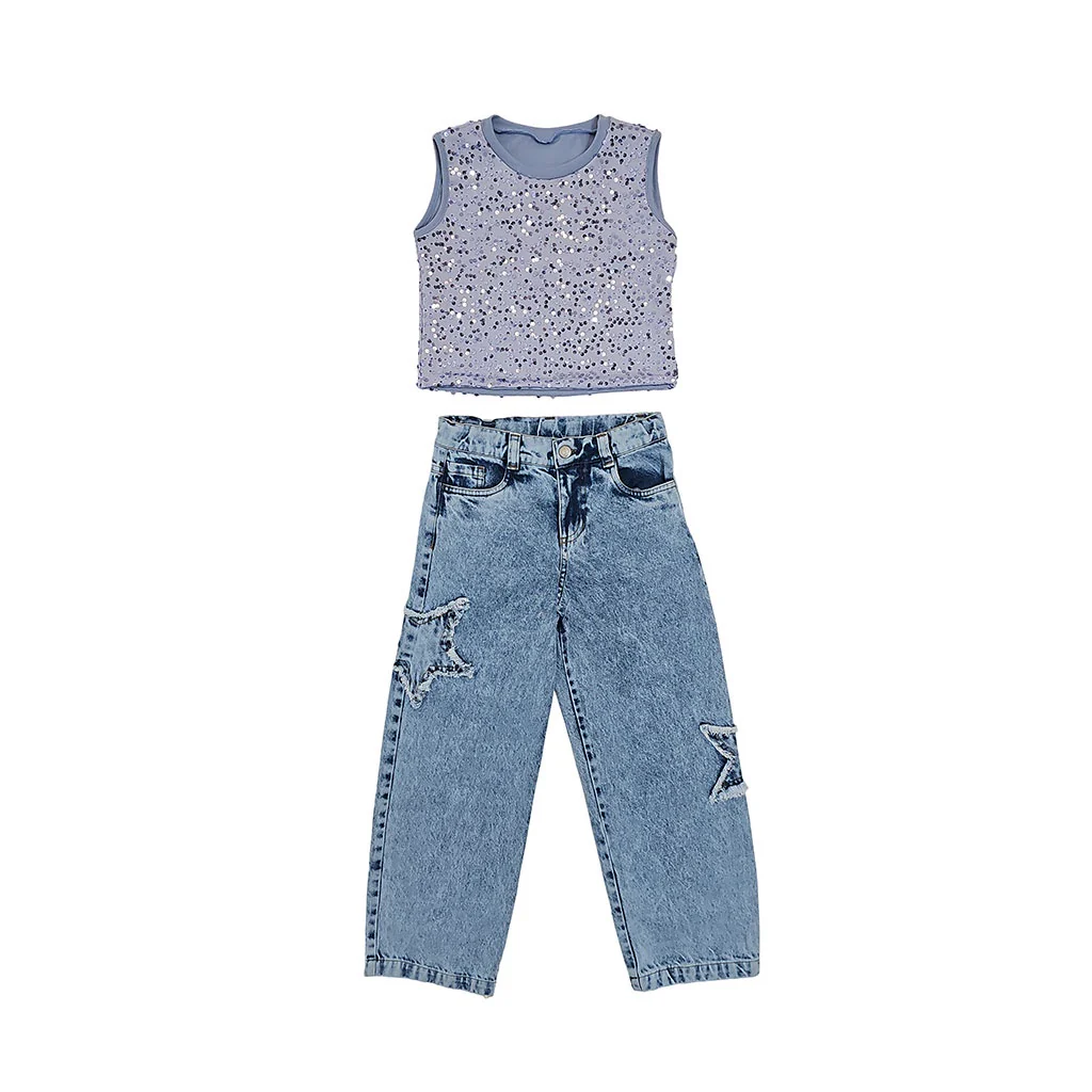 33020 CONJUNTO ESTRELLA NIÑA JUNIOR - PANTALÓN DENIM ESTRELLAS Y BLUSA LENTEJUELAS - Image 2