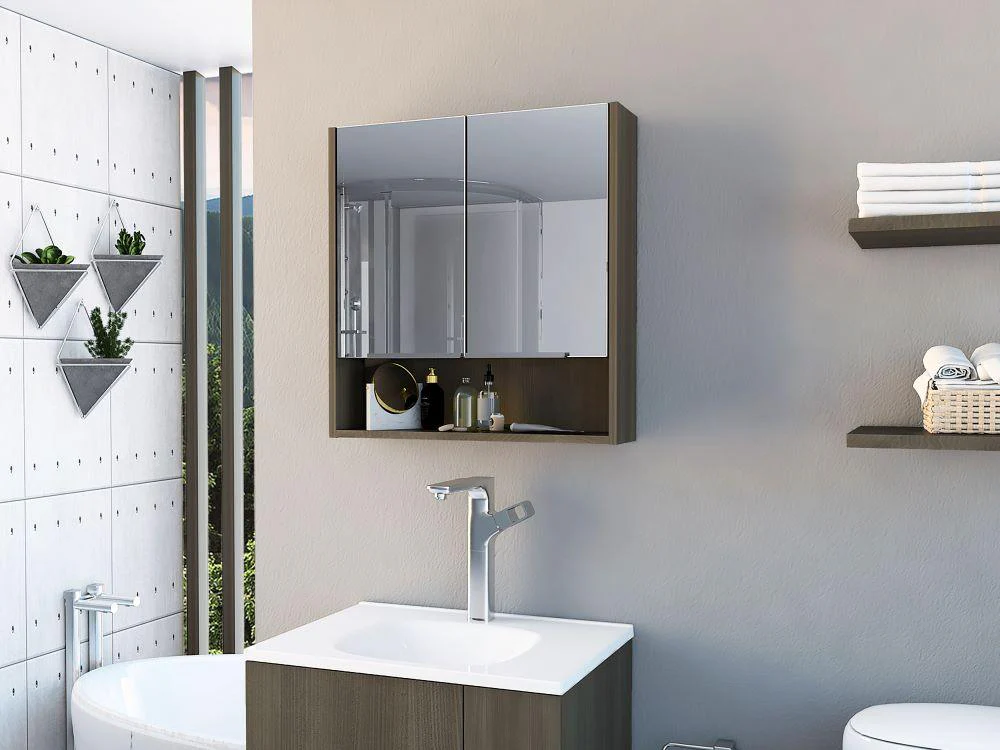 GABINETE DE BAÑO RAWANA, CANELA, INCLUYE ESPEJO Y ENTREPAÑOS PARA GUARDAR OBJETOS DE ASEO