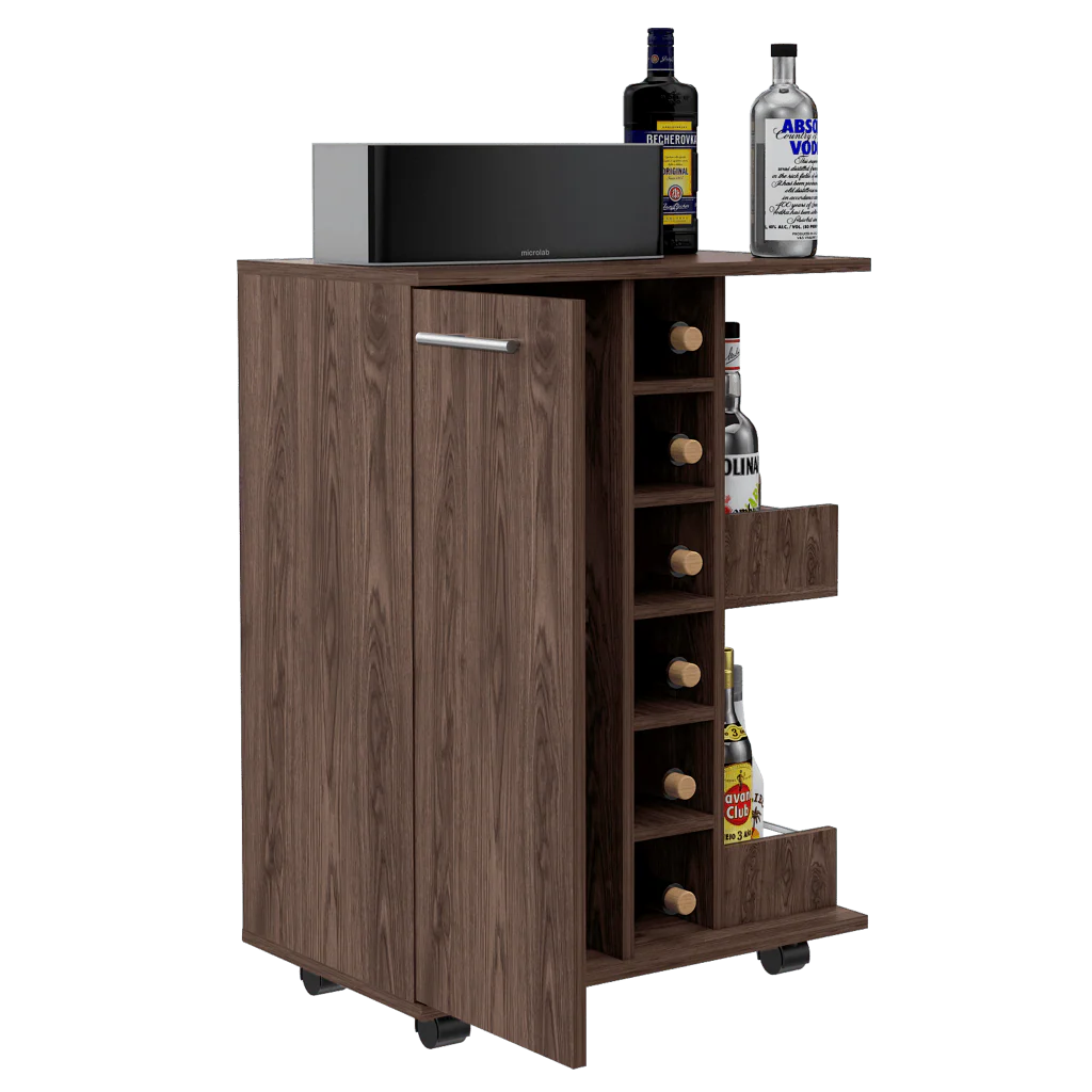 BAR CART ARGUS, CHOCOLATE, CON PUERTA Y PATAS CON RODACHINES