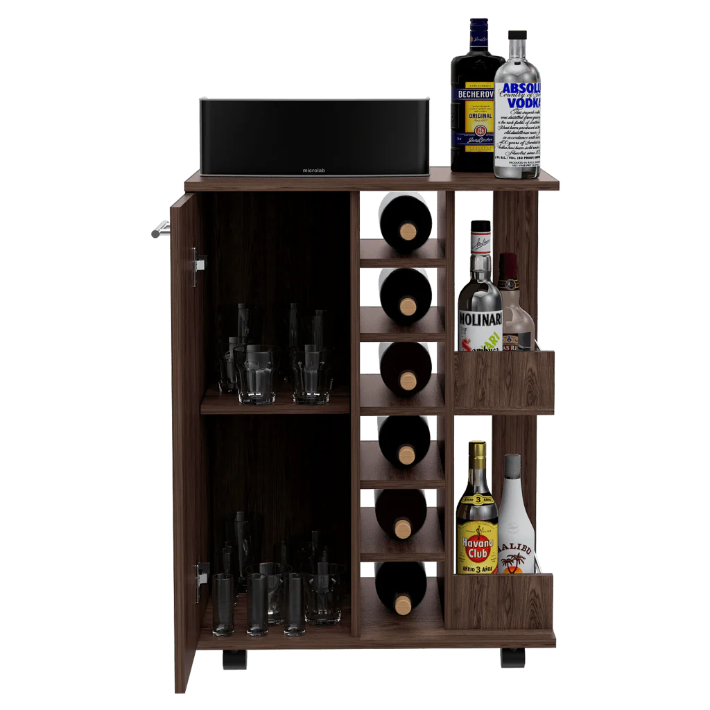 BAR CART ARGUS, CHOCOLATE, CON PUERTA Y PATAS CON RODACHINES - Image 2