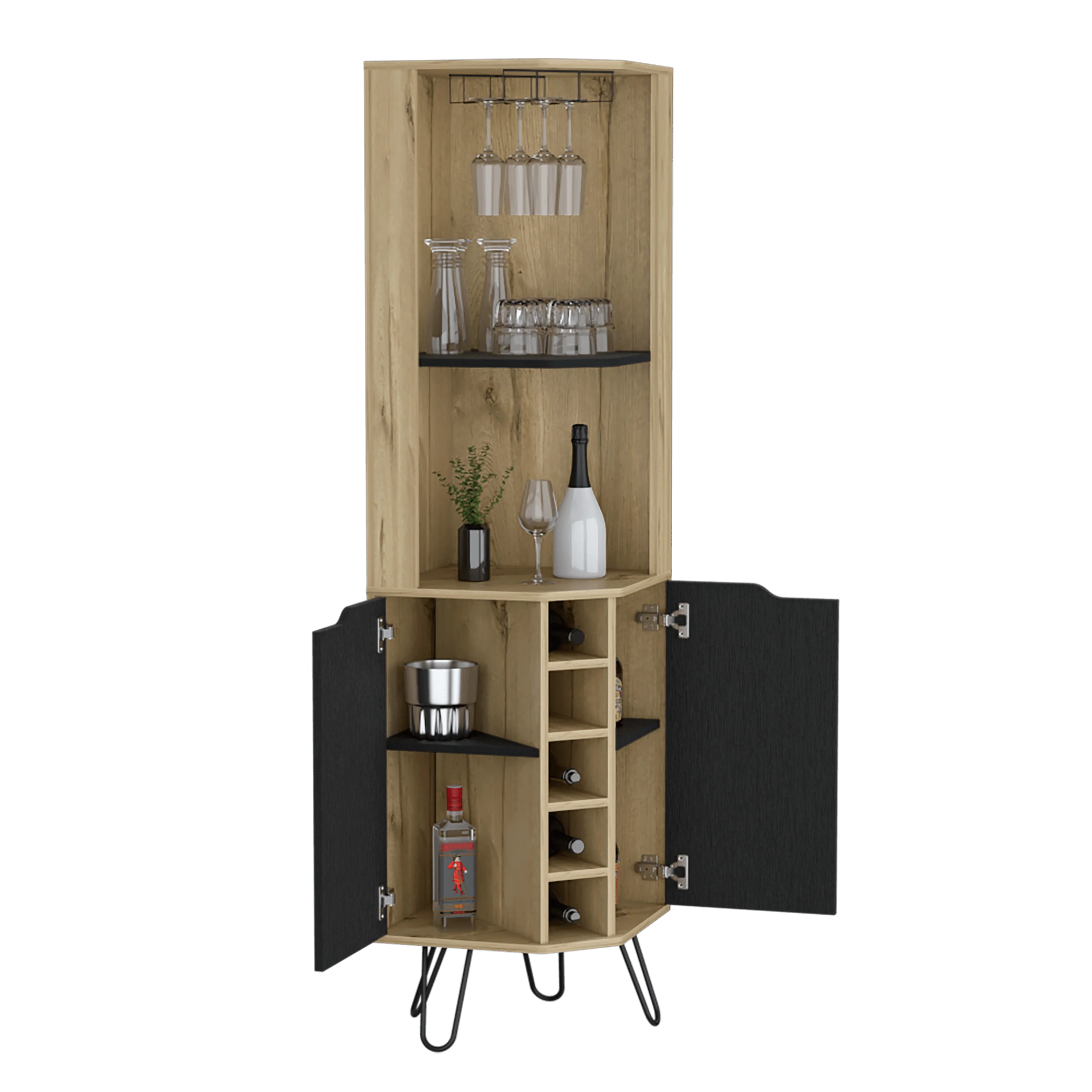 BAR ESQUINERO CLEO, CAFÉ CLARO Y WENGUE, 2 PUERTAS CON CON ESPACIO PARA PORTA VASOS Y BOTELLAS - Image 2