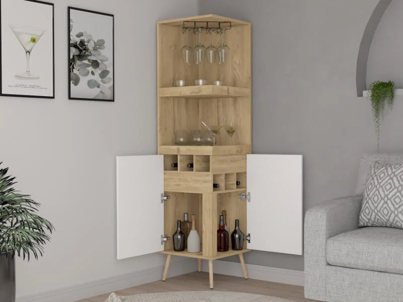 BAR ESQUINERO HUNA, MACADAMIA Y BLANCO, CON ESPACIO SUPERIOR PARA COPAS DE VINO - Image 4