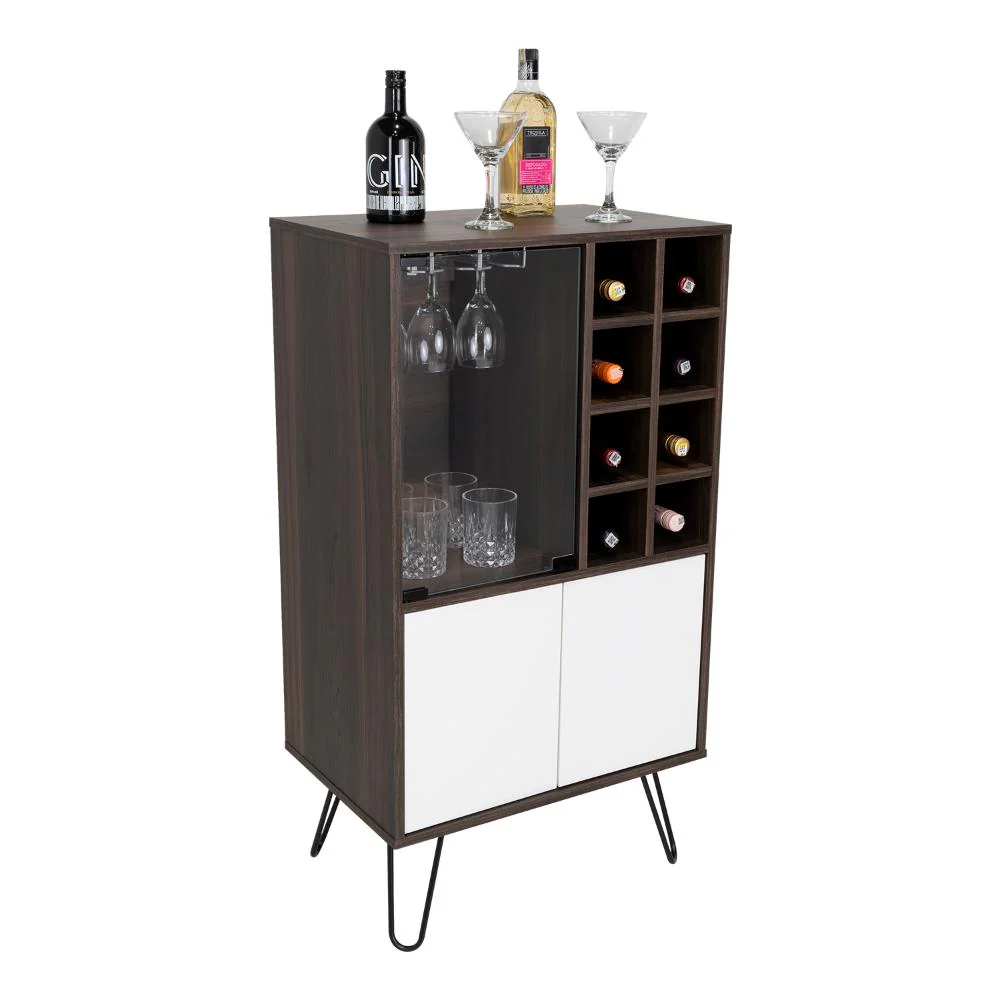 BAR LARA, NOGAL Y BLANCO PERLA, CON DOS PUERTAS Y AMPLIO ESPACIO PARA ALMACENAMIENTO.
