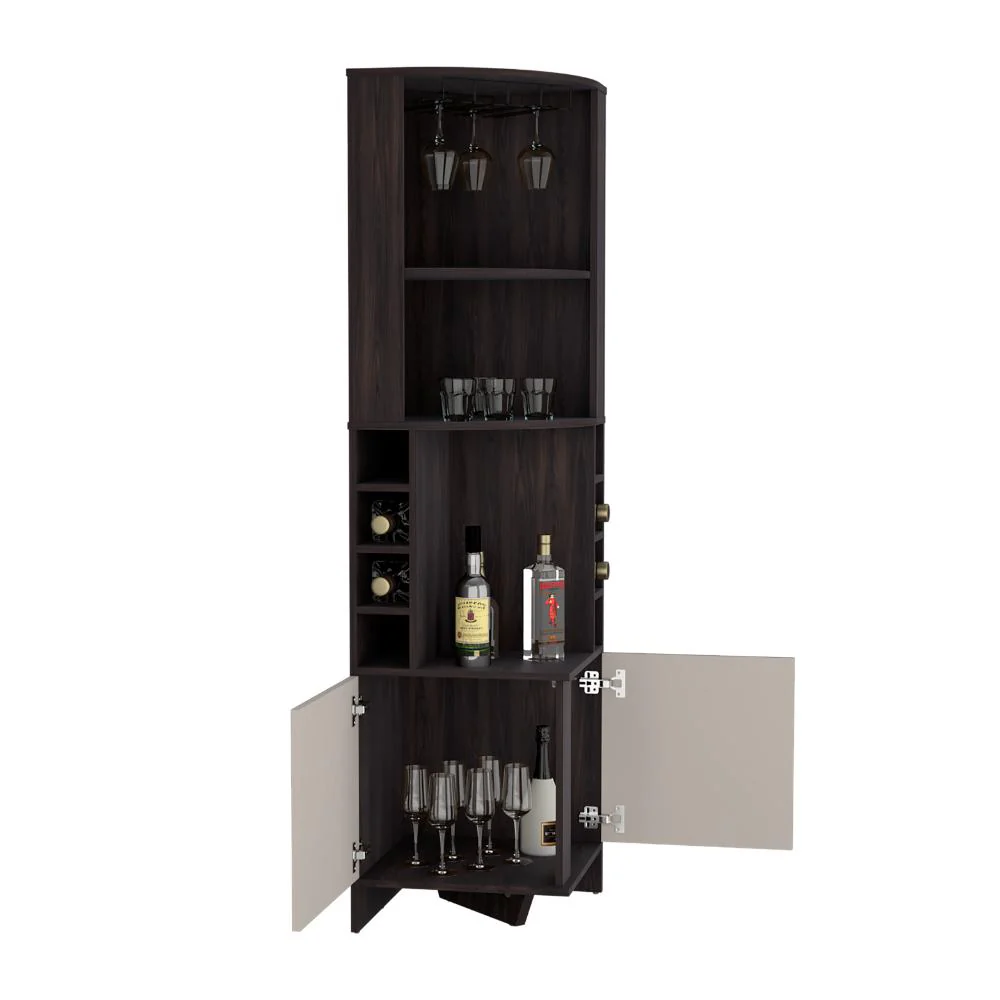 BAR ESQUINERO RENENS, NOGAL Y CAPRI, CON ESPACIO SUPERIOR PARA ALMACENAR COPAS DE VINO