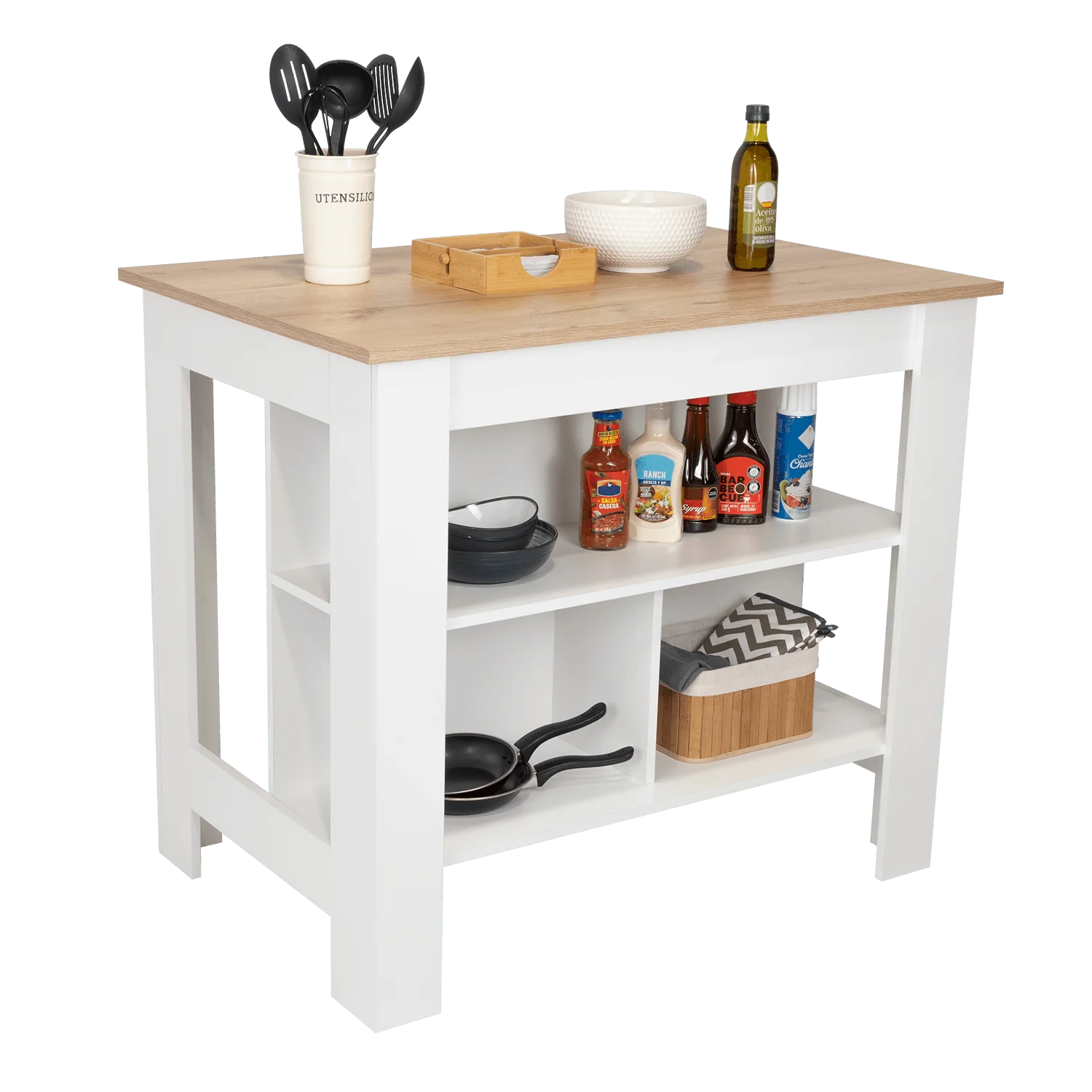 BARRA DE COCINA CALA, BLANCO Y CAFÉ CLARO, CON AMPLIA SUPERFICIE EN LA MESA  ZF