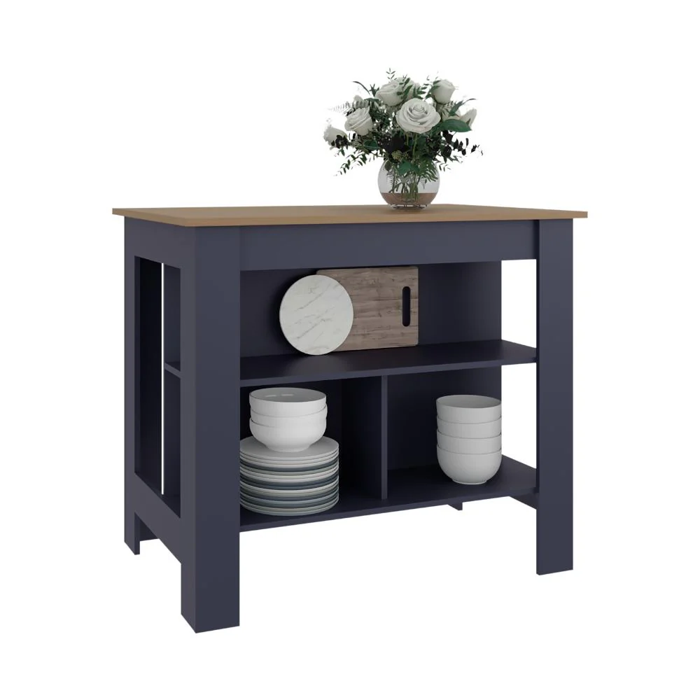 BARRA DE COCINA CALA, KRONOS AZUL Y FRESNO EUROPEO, CON AMPLIA SUPERFICIE EN LA MESA
