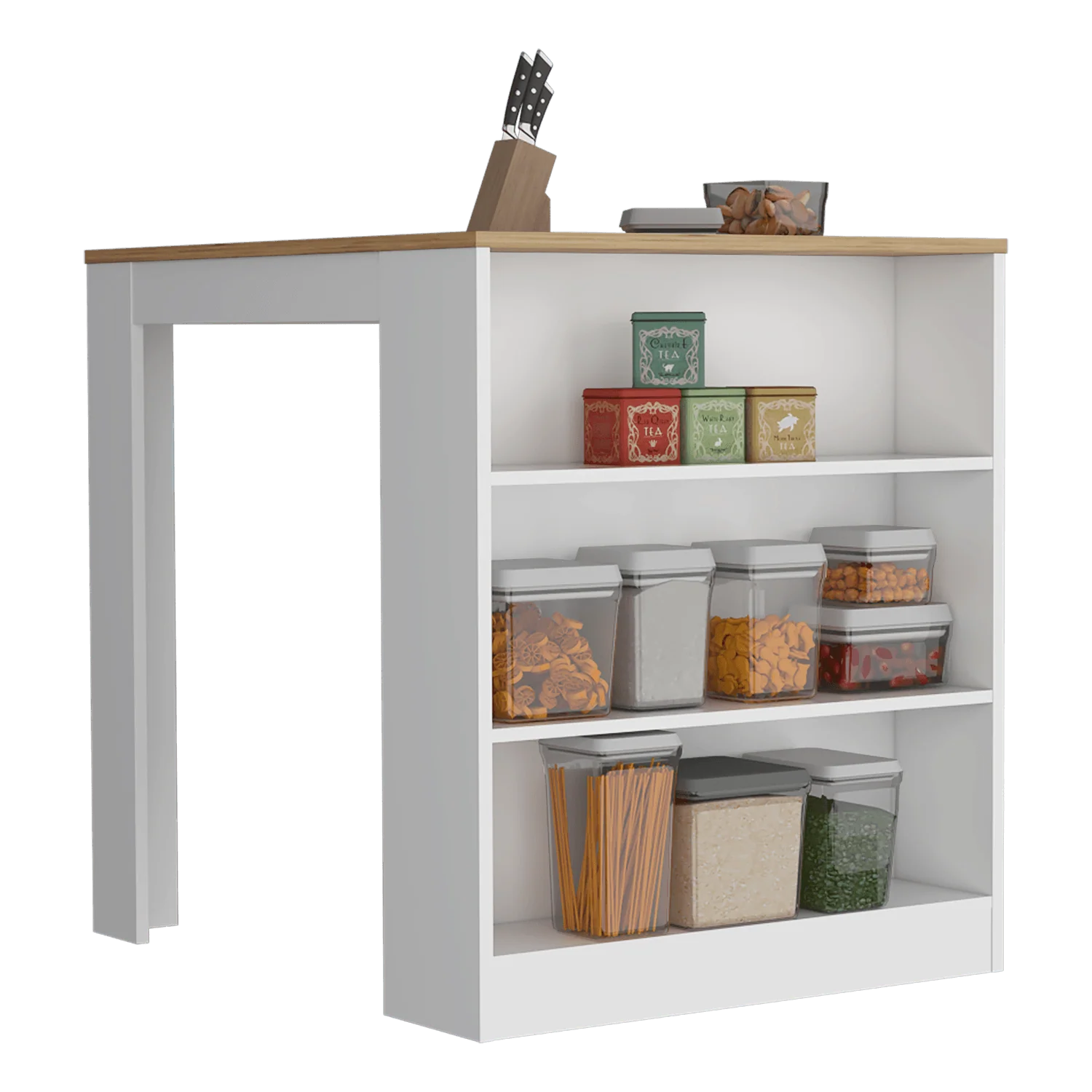 BARRA DE COCINA MAYER, BLANCO Y MACADAMIA, CON TRES ENTREPAÑOS PARA UBICAR VASOS Y FRASCOS
