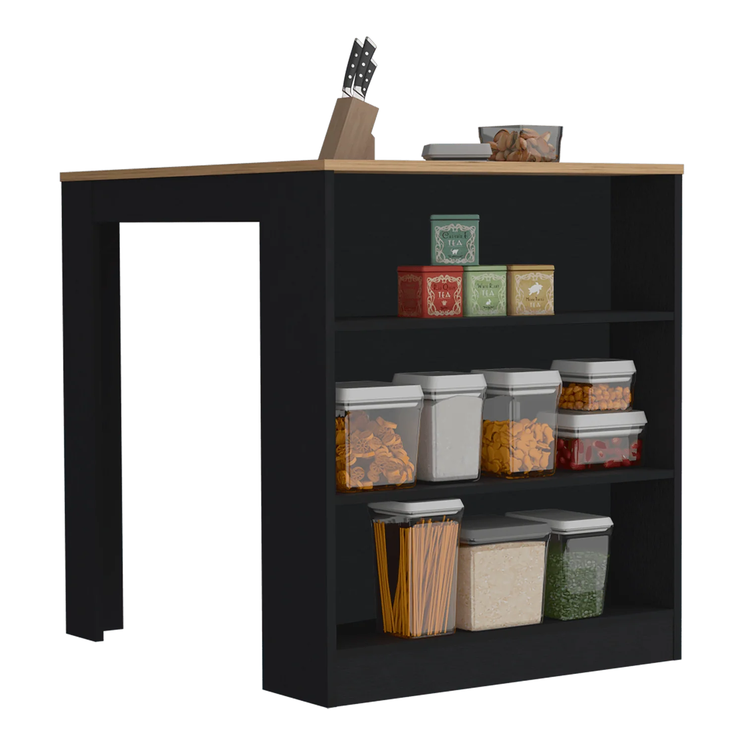 BARRA DE COCINA MAYER, WENGUE Y MACADAMIA, CON TRES ENTREPAÑOS PARA UBICAR VASOS Y FRASCOS