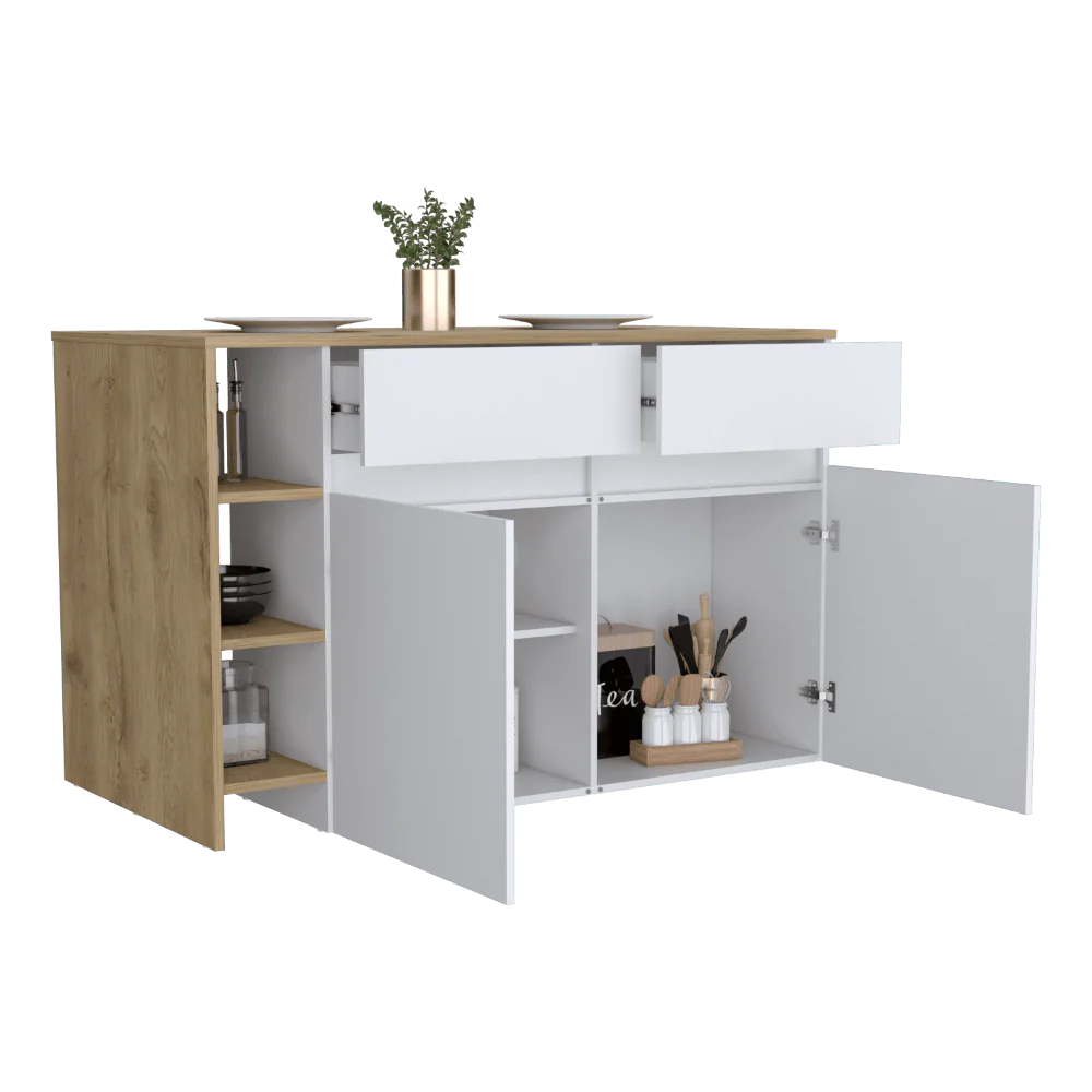BARRA DE COCINA POLUX, BLANCO VAINILLA Y BEIGE , CON AMPLIA SUPERFICIE SUPERIOR Y ENTREPAÑOS