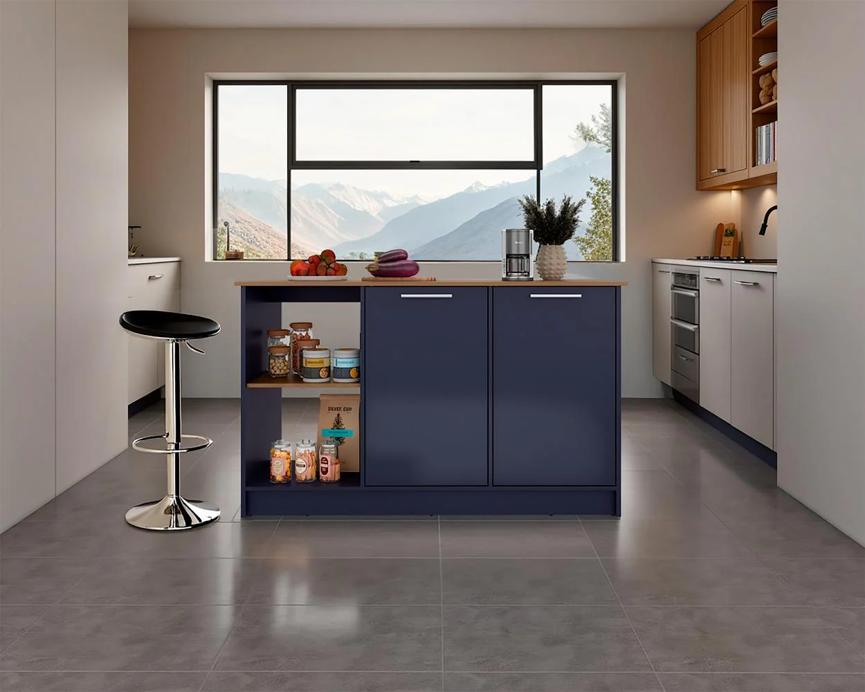 BARRA DE COCINA SAMARA, AZUL Y FRESNO KRONOS, CON DOS PUERTAS Y ENTREPAÑOS - Image 4