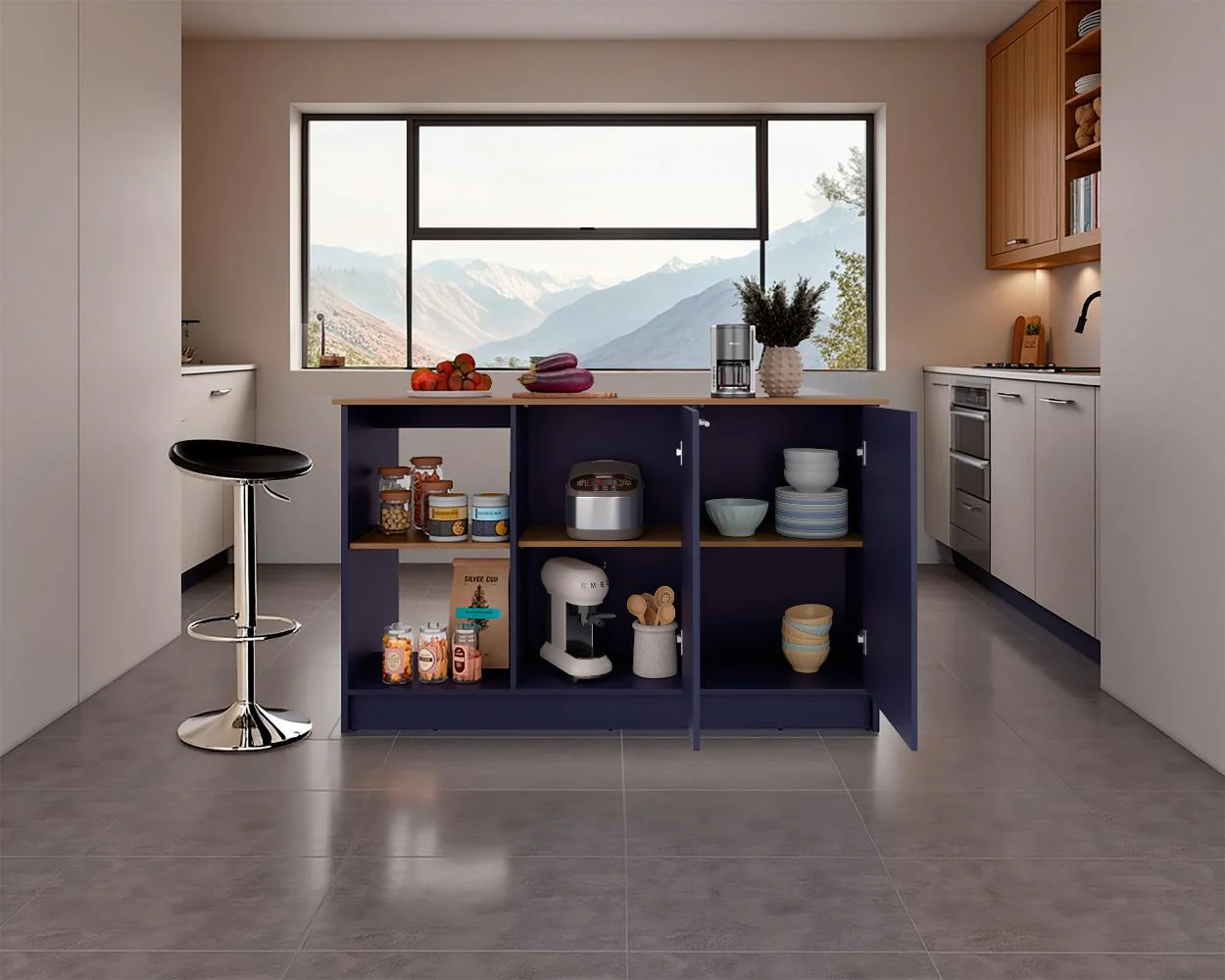 BARRA DE COCINA SAMARA, AZUL Y FRESNO KRONOS, CON DOS PUERTAS Y ENTREPAÑOS - Image 5