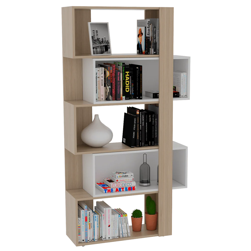 BIBLIOTECA ASCHER, BEIGE Y BLANCO, CON CINCO ENTREPAÑOS