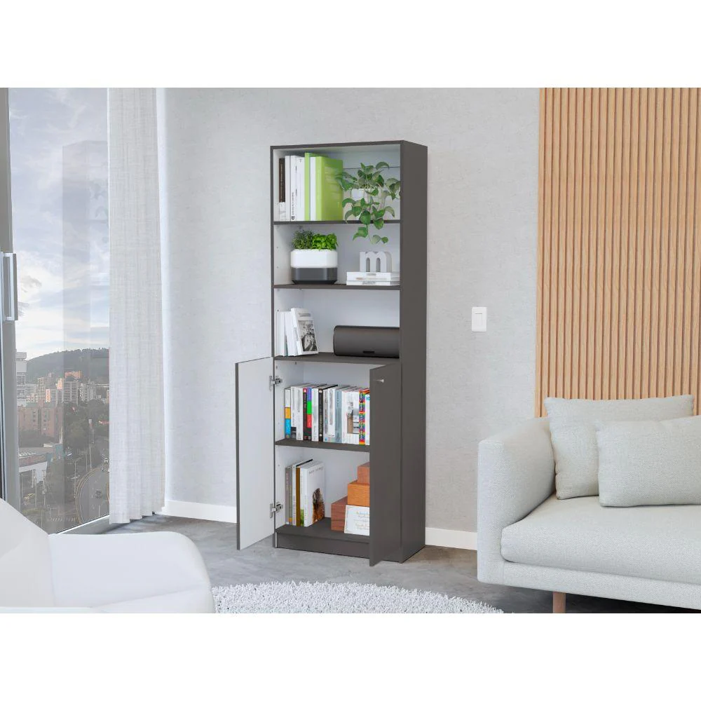 BIBLIOTECA HOME, PLATA OSCURO, CON CINCO ENTREPAÑOS Y DOS PUERTAS ABATIBLES ZF