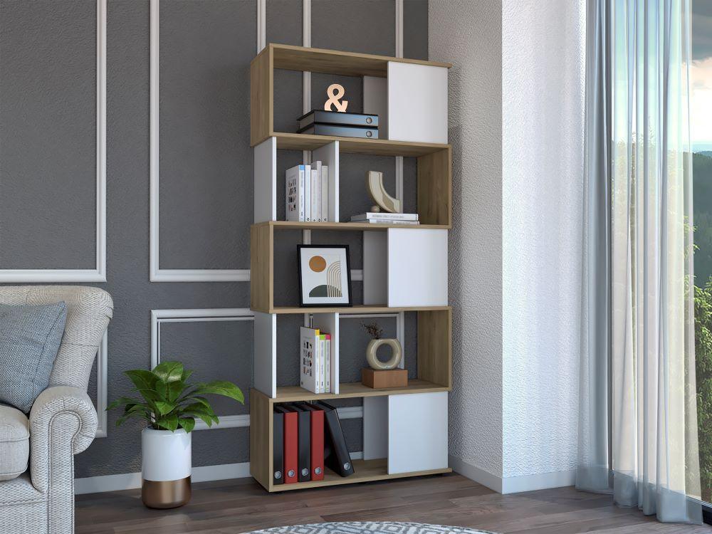 BIBLIOTECA NOAH, MACADAMIA Y BLANCO VAINILLA, CON VARIEDAD DE ENTREPAÑOS