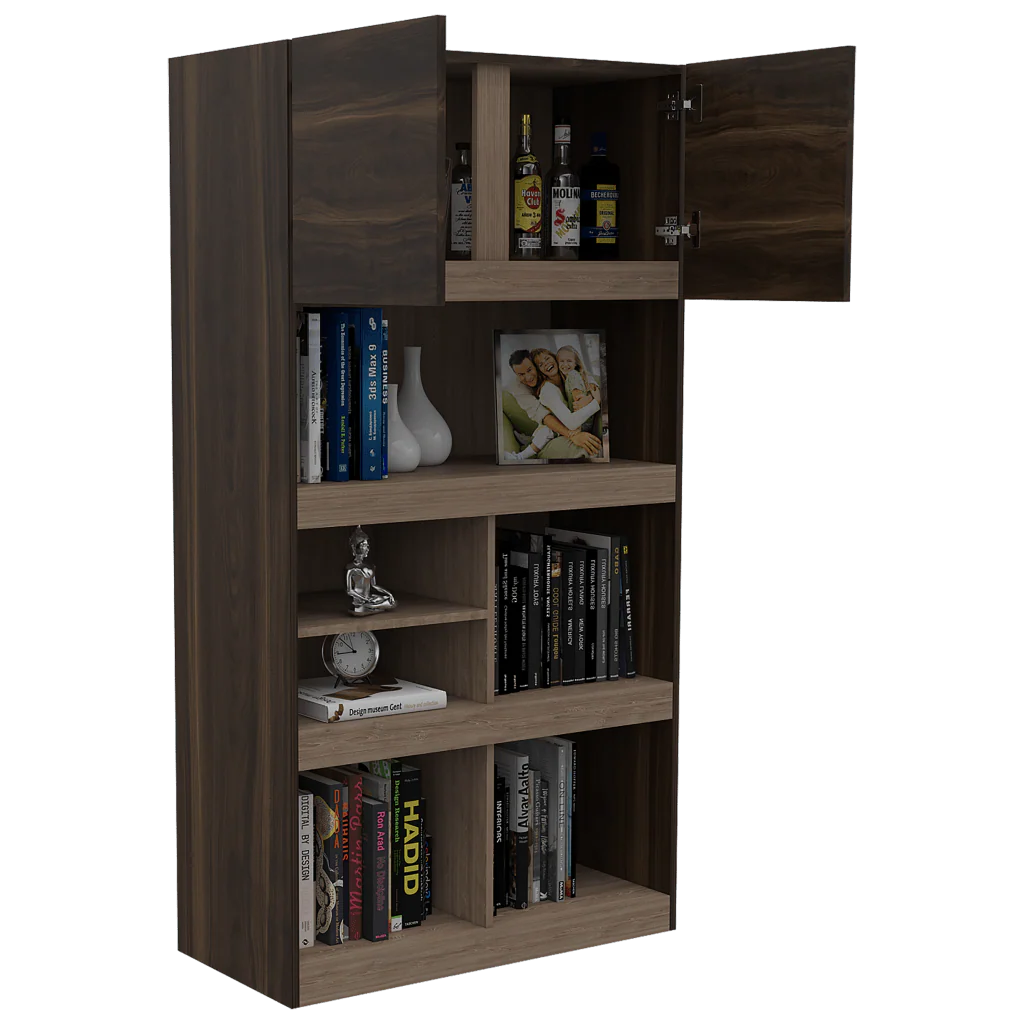 BIBLIOTECA TAIRA, NOGAL Y MIEL, CON DOS PUERTAS BATIENTES Y VARIEDAD DE ENTREPAÑOS - Image 2