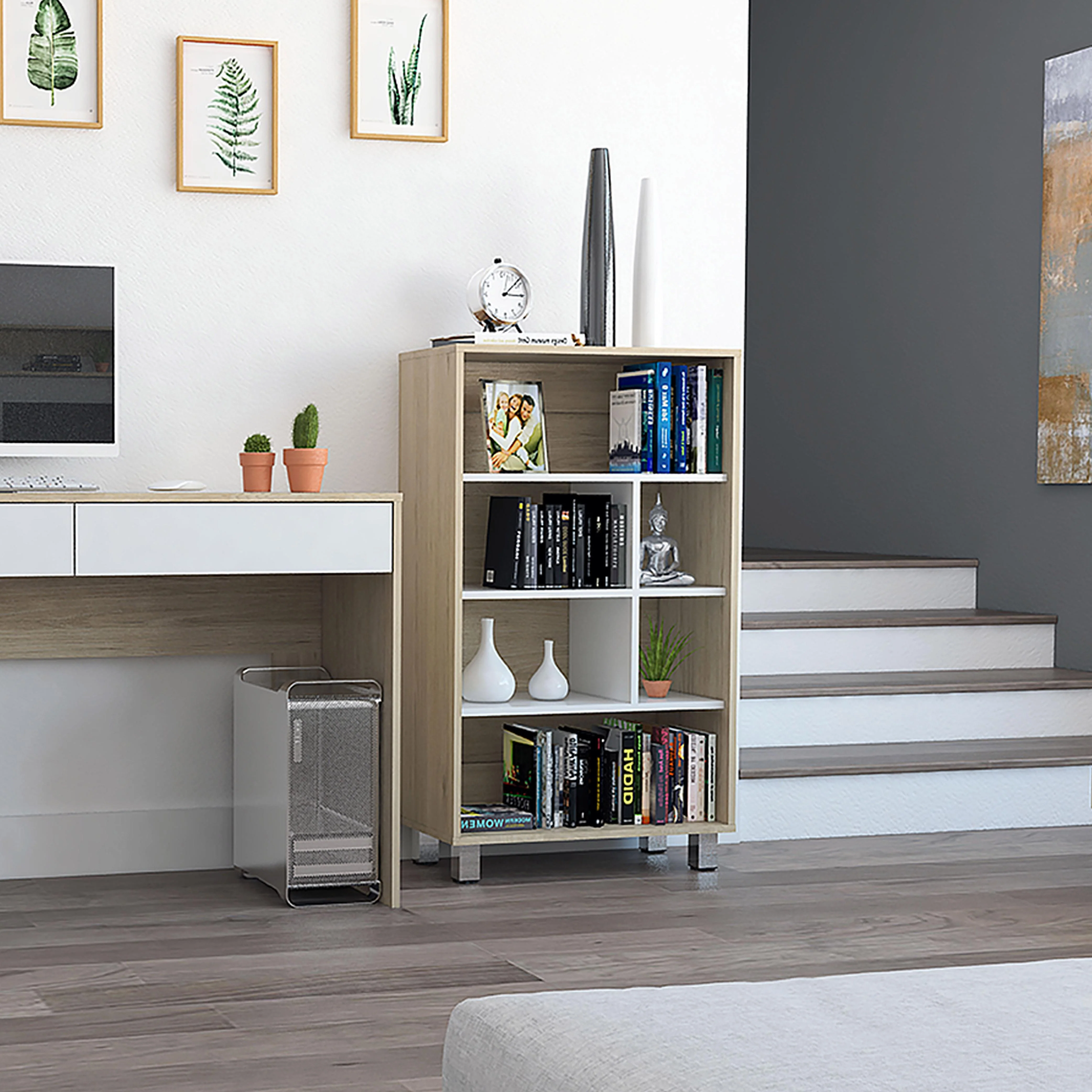 BIBLIOTECA TONNY, BEIGE Y BLANCO, CON VARIEDAD DE ESPACIOS PARA LIBROS Y ARTÍCULOS DECORATIVOS - Image 3