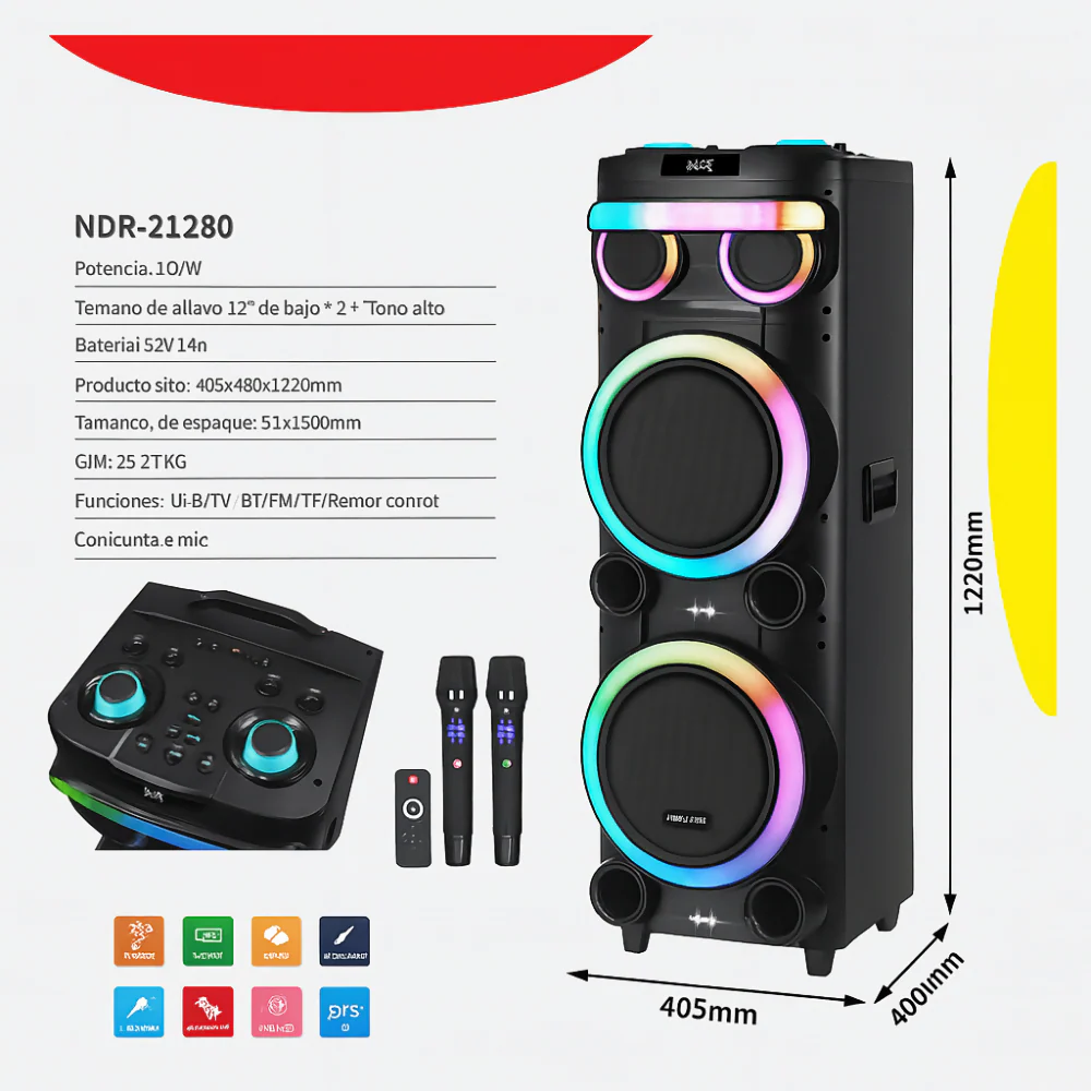 CABINA BLUETOOTH NDR-1226 12" 3000W CON MICRÓFONO Y LUCES LED SONIDO PROFESIONAL 12 PULGADAS GRAVES POTENTE - Image 3
