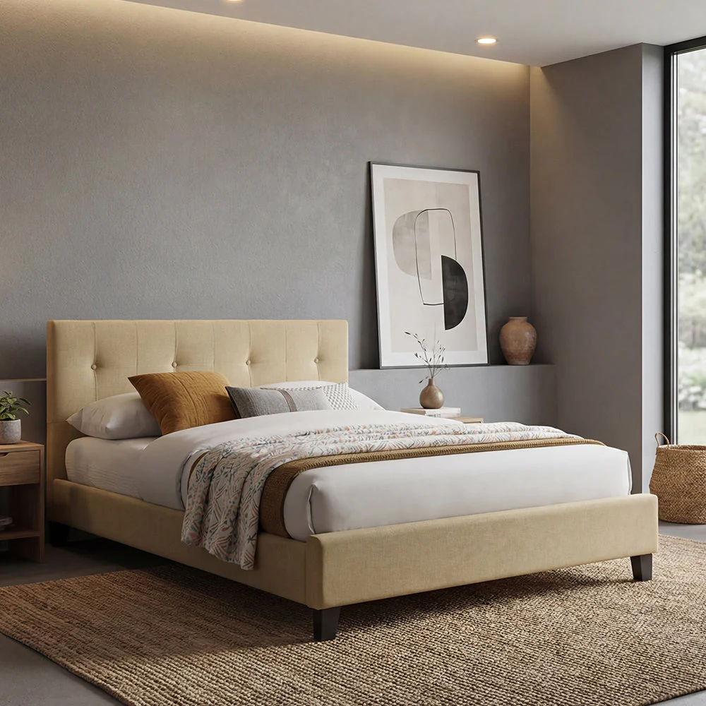 Cama Doble Imperial, Beige, Madera roble tapizada