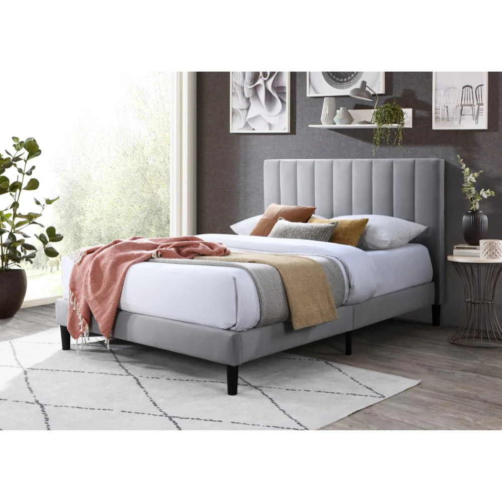 Cama Doble Lisa, Gris Claro, Madera roble tapizada - Image 2
