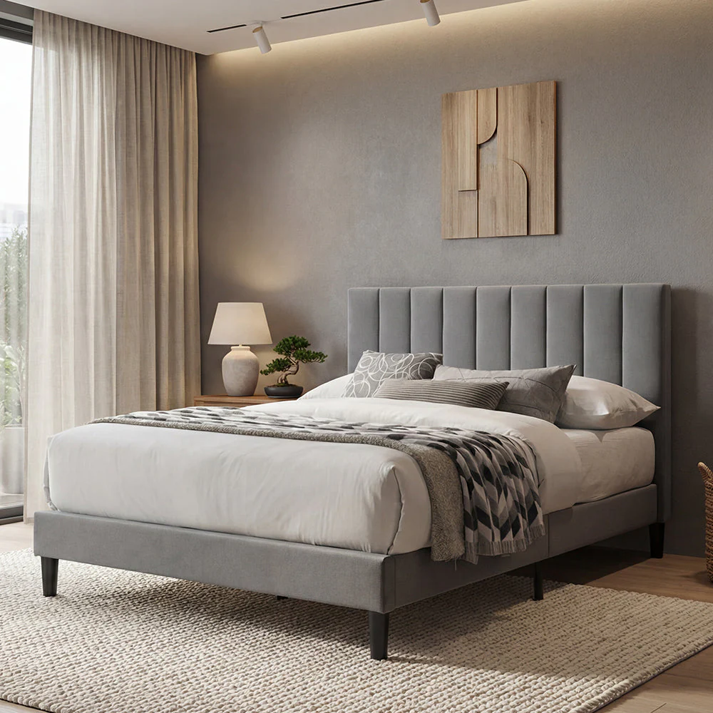 Cama Doble Lisa, Gris Oscuro, Madera roble tapizada