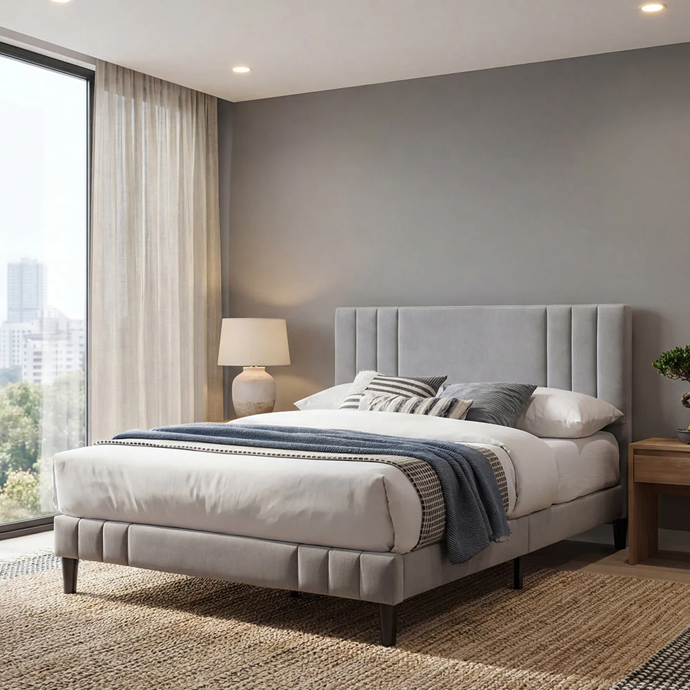 Cama Doble Majestic, Gris Claro, Madera roble tapizada