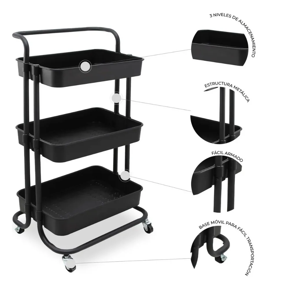 CARRO ALMACENAMIENTO ORGANIZADOR METÁLICO RUEDAS 3 NIVELES - Image 6