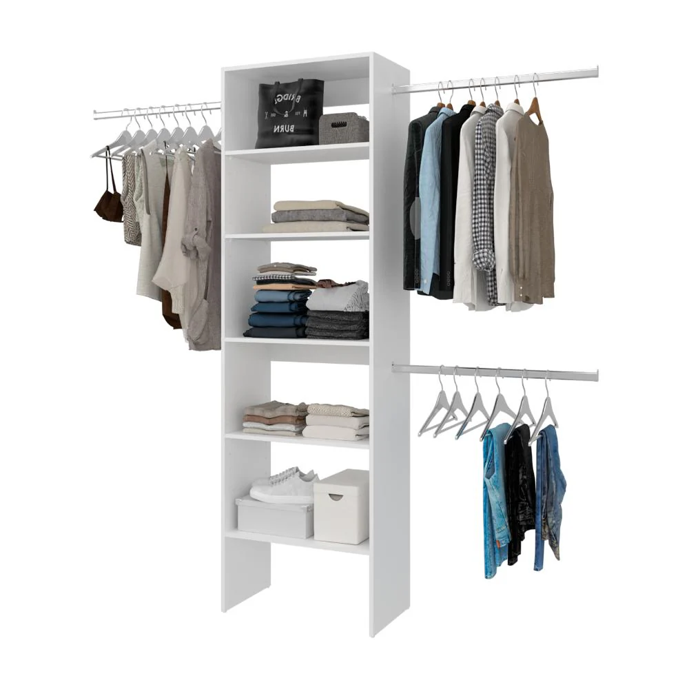 Closet Abierto Selt, Blanco, Con variedad de entrepaños y tres tubos cromados ZF