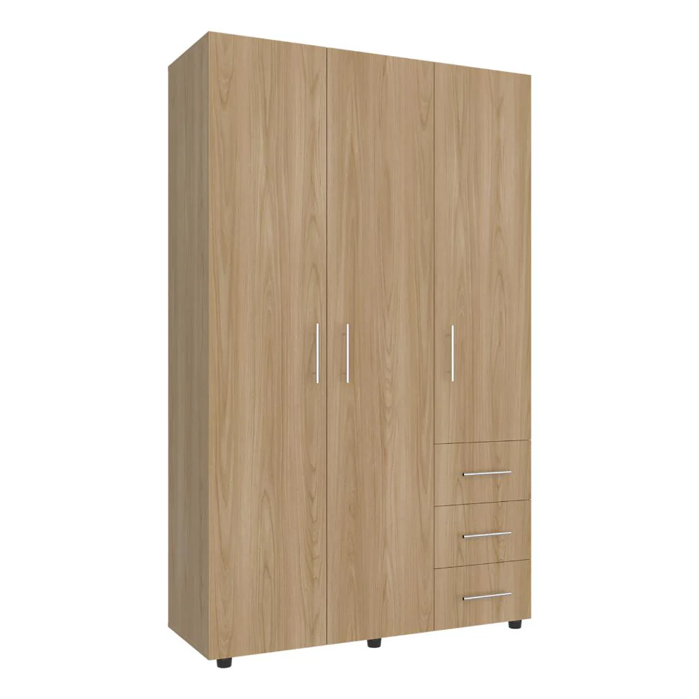 Closet Alen, Fresno Europeo Y Blanco Duqueza, Con tres puertas abatibles, tres cajones y dos tubos cromados