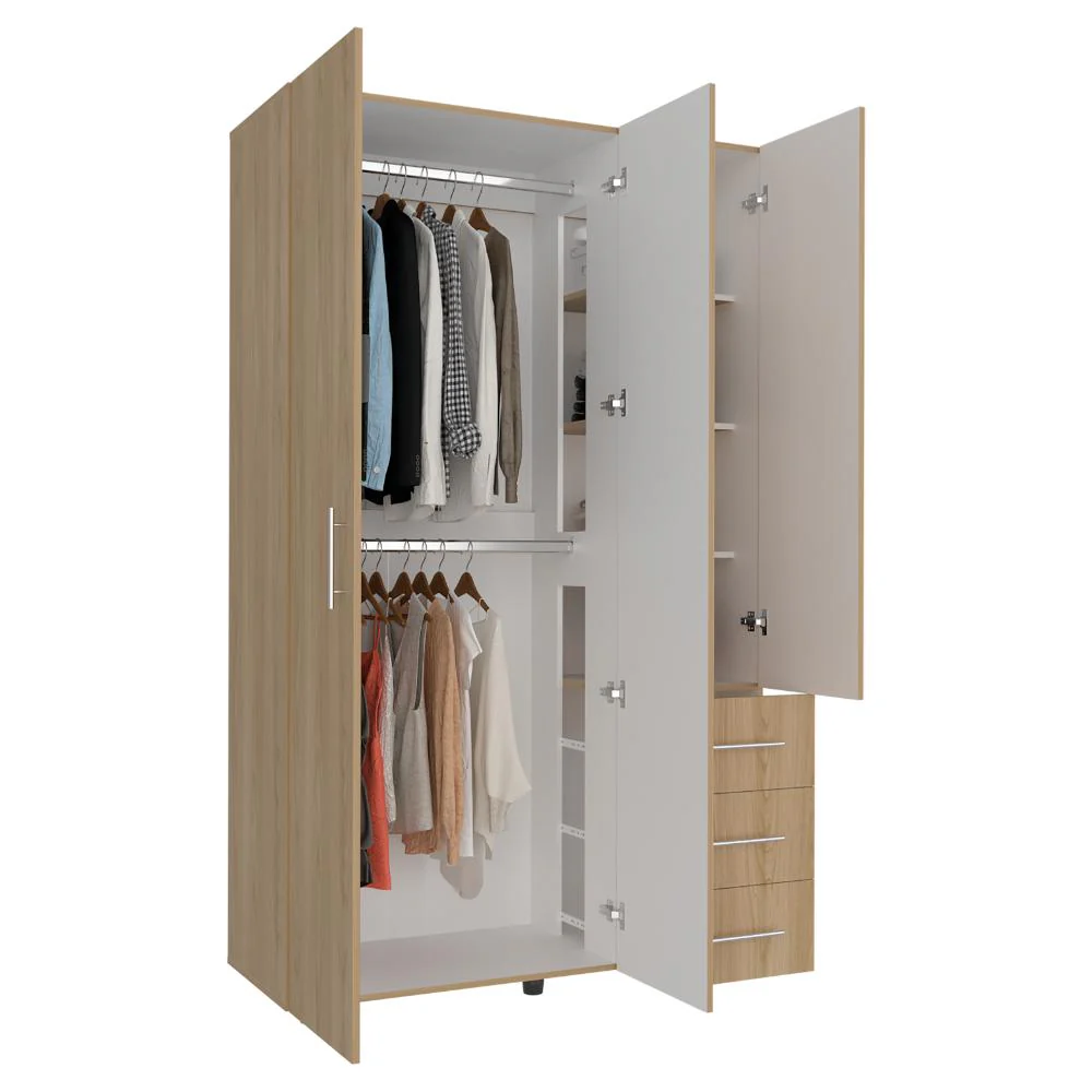 Closet Alen, Fresno Europeo Y Blanco Duqueza, Con tres puertas abatibles, tres cajones y dos tubos cromados - Image 2