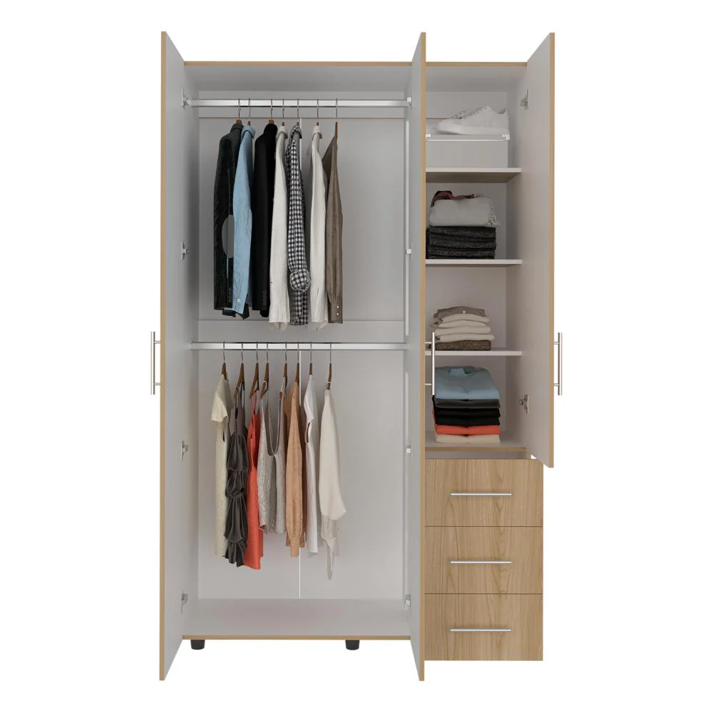 Closet Alen, Fresno Europeo Y Blanco Duqueza, Con tres puertas abatibles, tres cajones y dos tubos cromados - Image 4