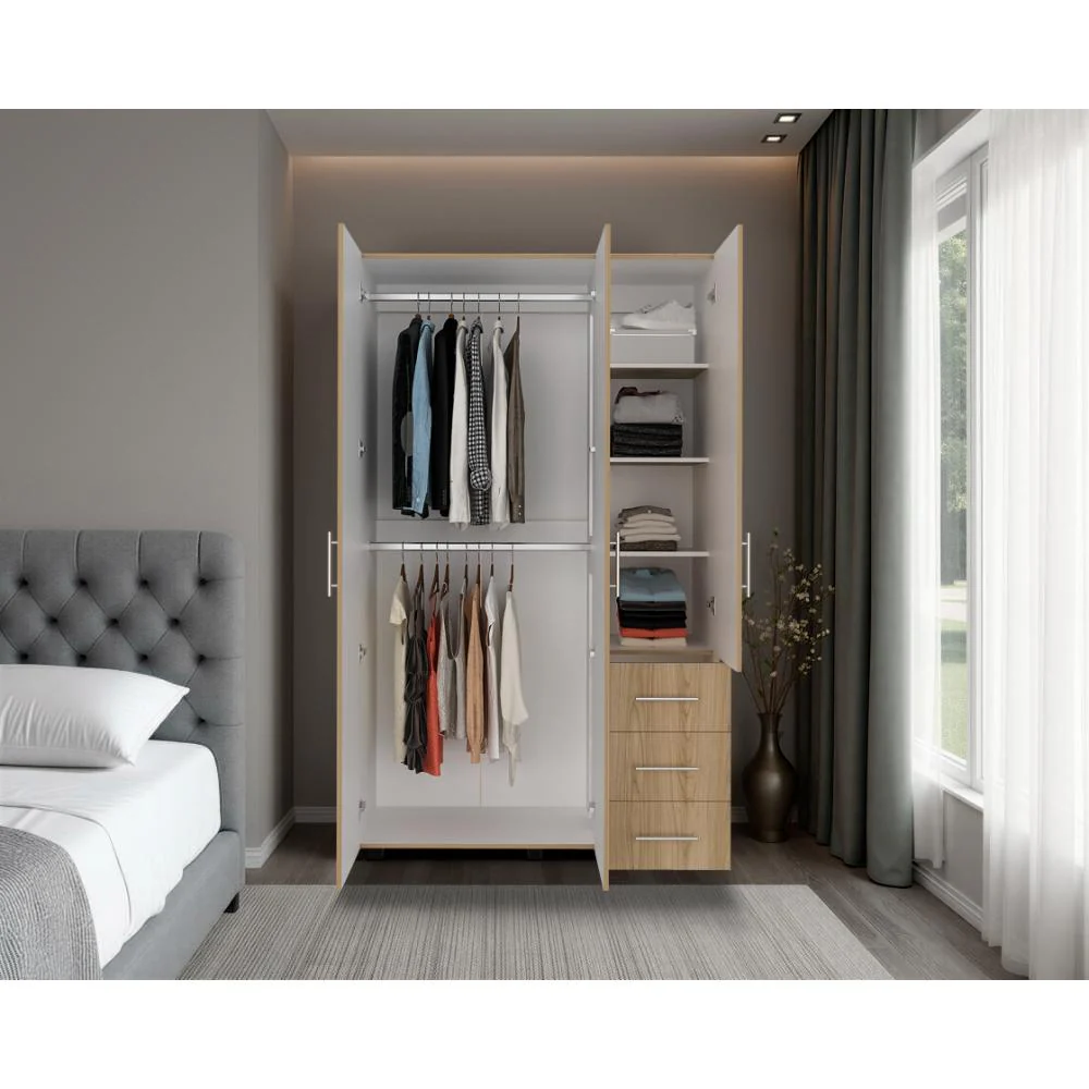 Closet Alen, Fresno Europeo Y Blanco Duqueza, Con tres puertas abatibles, tres cajones y dos tubos cromados - Image 6