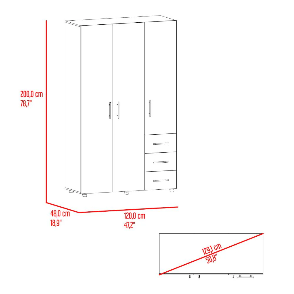 Closet Alen, Fresno Europeo Y Blanco Duqueza, Con tres puertas abatibles, tres cajones y dos tubos cromados - Image 7