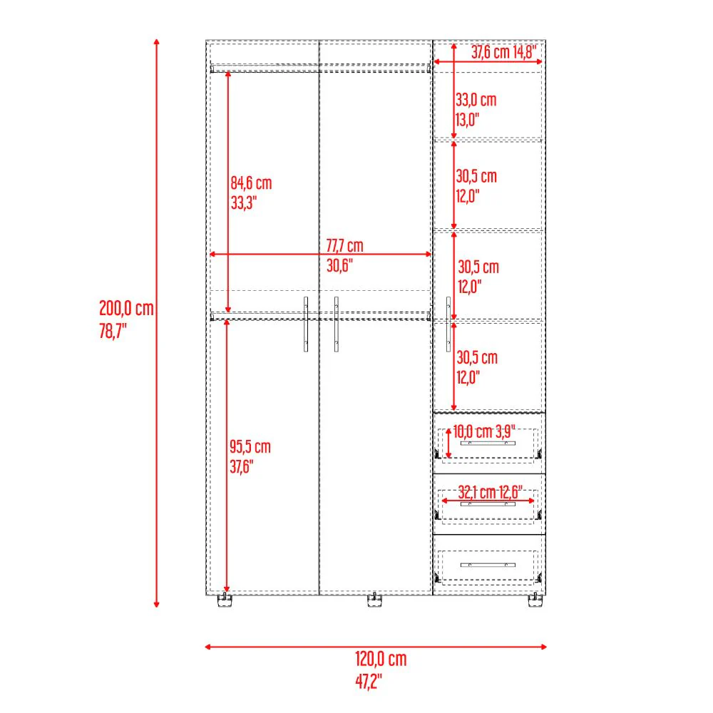 Closet Alen, Fresno Europeo Y Blanco Duqueza, Con tres puertas abatibles, tres cajones y dos tubos cromados - Image 8