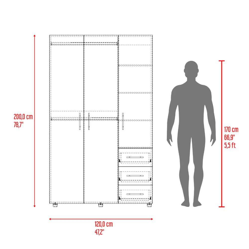Closet Alen, Fresno Europeo Y Blanco Duqueza, Con tres puertas abatibles, tres cajones y dos tubos cromados - Image 9