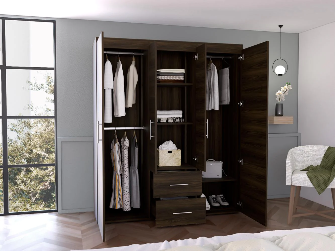 CLOSET BARILOCHE BOMBAY ECO, NOGAL EUROPEO, CON VARIEDAD DE ENTREPAÑOS Y CUATRO PUERTAS ABATIBLES - Image 6
