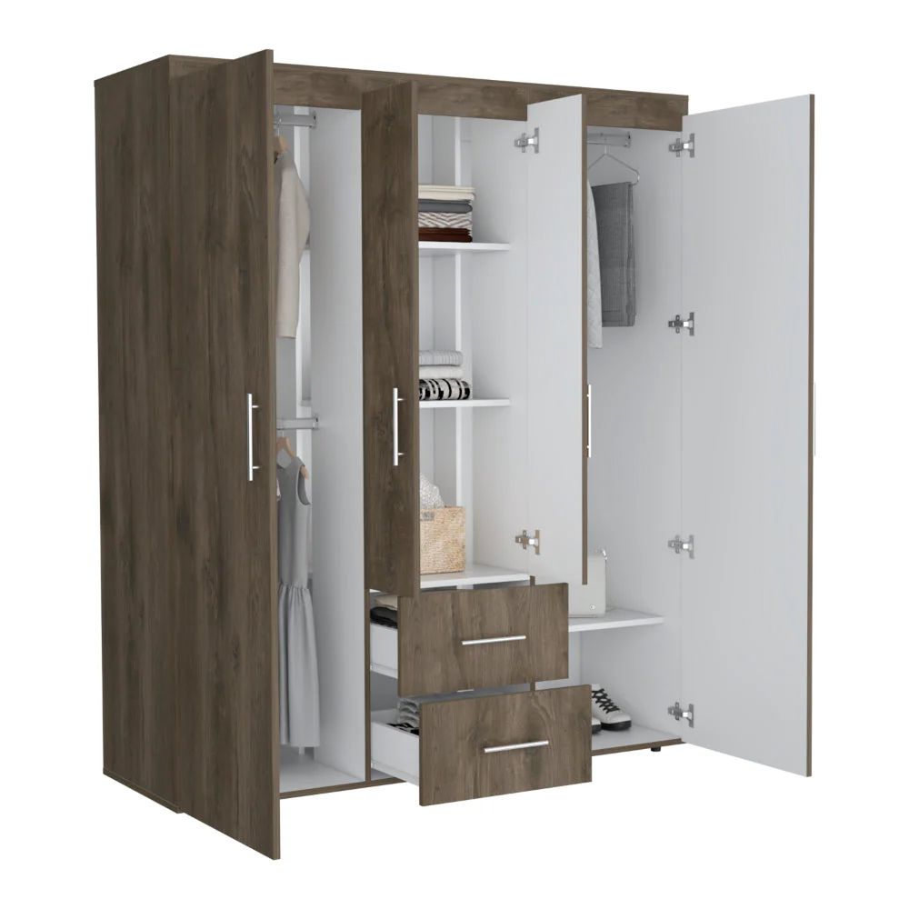CLOSET BARILOCHE BOMBAY ECO, NOGAL Y BLANCO, CON VARIEDAD DE ENTREPAÑOS Y CUATRO PUERTAS ABATIBLES