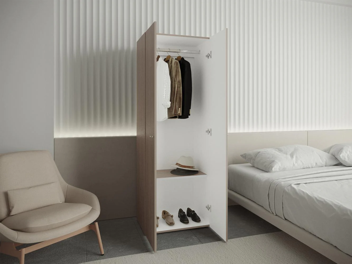 CLOSET BEICO, BARDOLINO Y BLANCO DUQUEZA, CON DOS PUERTAS ABATIBLES Y UN TUBO CROMADO - Image 4