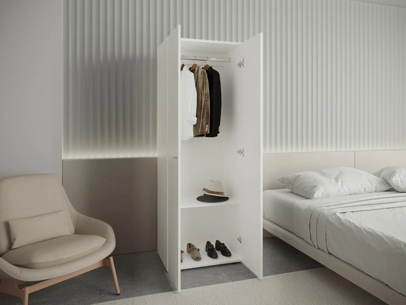 CLOSET BEICO, BLANCO DUQUEZA, CON DOS PUERTAS ABATIBLES Y UN TUBO CROMADO - Image 6
