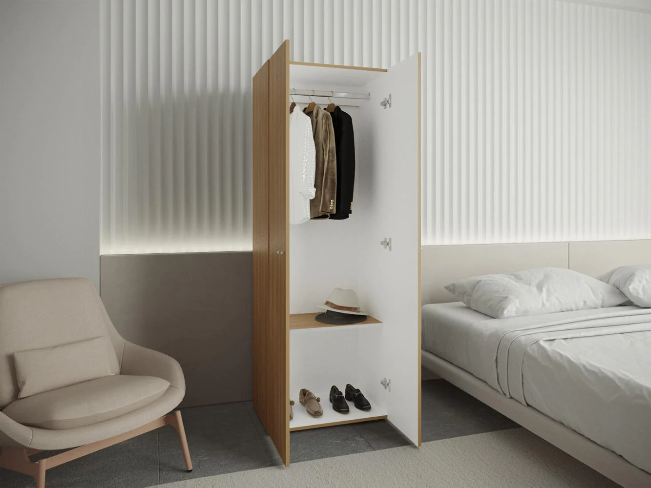 CLOSET BEICO, FRESNO EUROPEO Y BLANCO DUQUEZA, CON DOS PUERTAS ABATIBLES Y UN TUBO CROMADO - Image 3