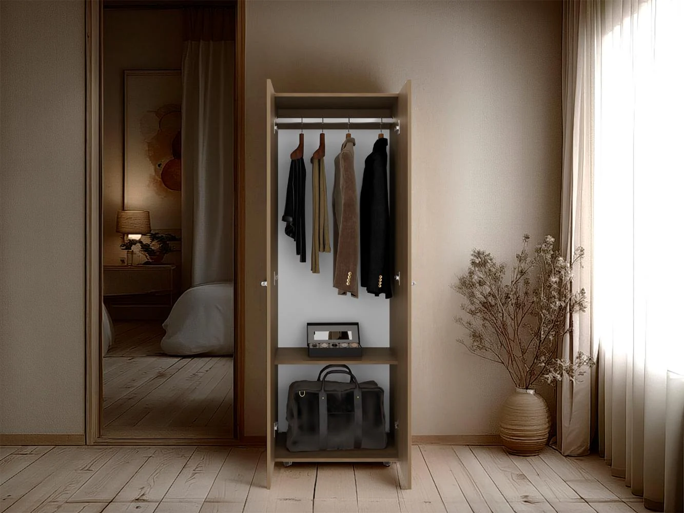 CLOSET BEICO, FRESNO EUROPEO Y BLANCO DUQUEZA, CON DOS PUERTAS ABATIBLES Y UN TUBO CROMADO ZF - Image 5