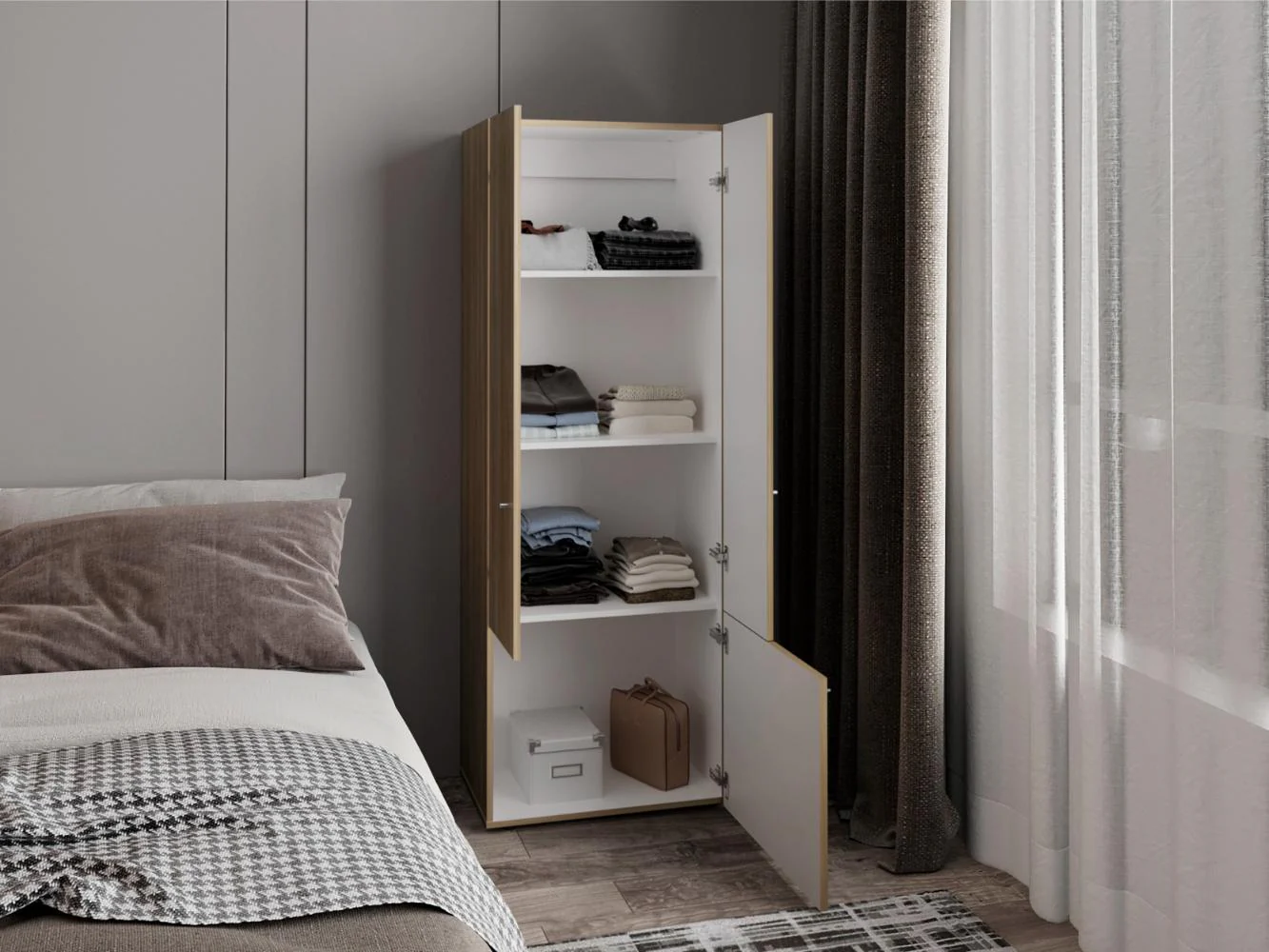 CLOSET BEICO II, FRESNO Y BLANCO DUQUEZA, CON TRES PUERTAS ABATIBLES Y CUATRO ENTREPAÑOS - Image 4