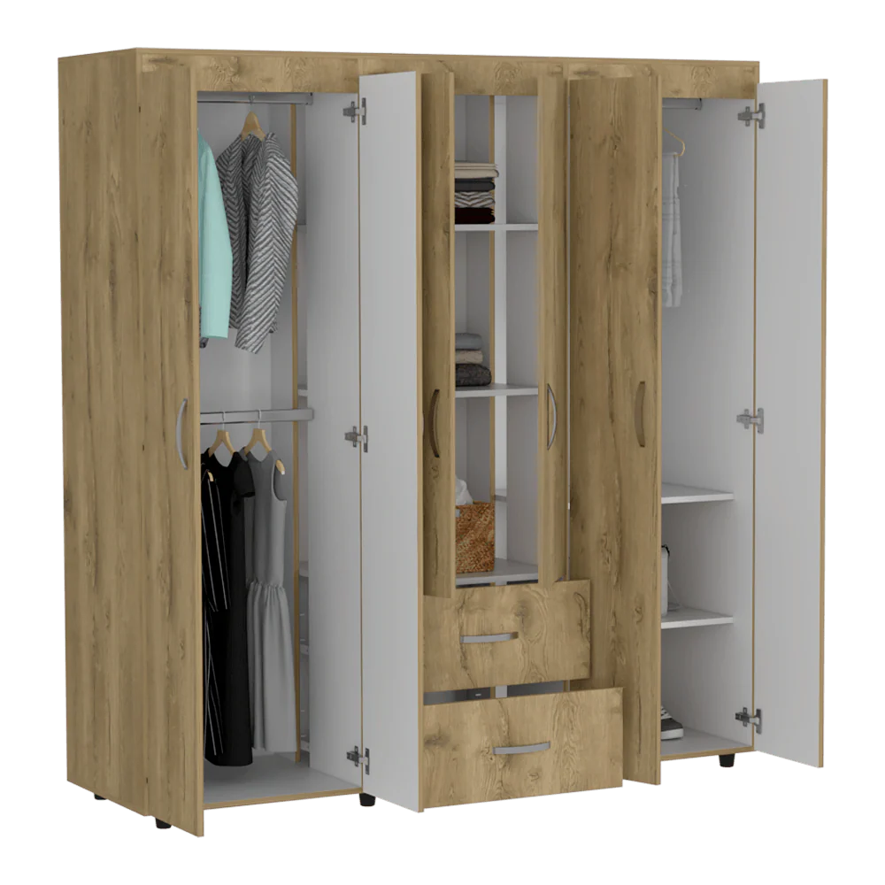 CLOSET BARILOCHE BOMBAY, MACADAMIA Y BLANCO, VARIEDAD DE ENTREPAÑOS Y SEIS PUERTAS ABATIBLES