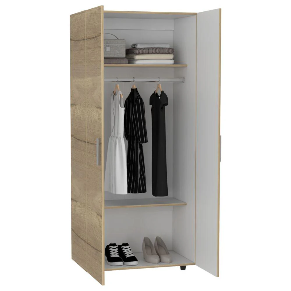 CLOSET CARLOTA, CAFÉ CLARO Y BLANCO, CON UN TUBO CROMADO Y TRES ENTREPAÑOS