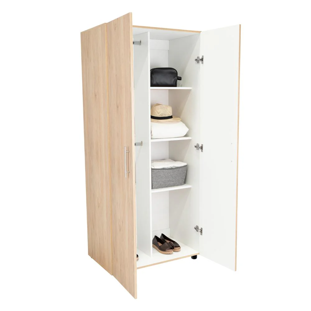 CLOSET TERA, BEIGE Y BLANCO, DOS PUERTAS ABATIBLES Y DOS TUBOS CROMADOS