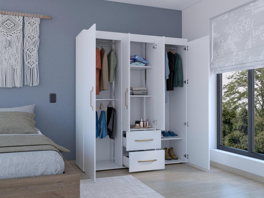 CLOSET BARILOCHE BOMBAY ECO, BLANCO DUQUEZA Y DORADO, CON VARIEDAD DE ENTREPAÑOS Y CUATRO PUERTAS ABATIBLES ZF
