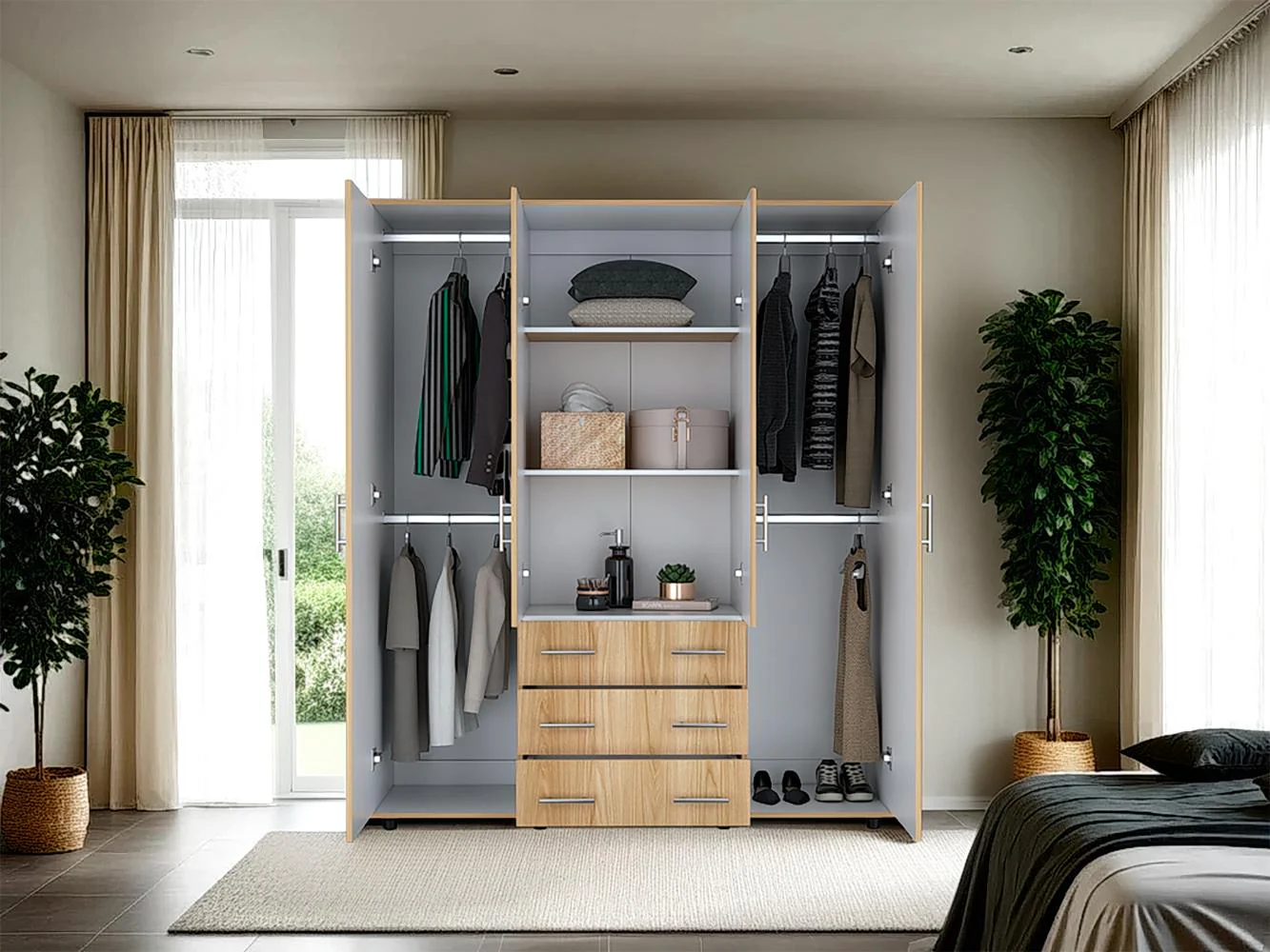 CLOSET FONTANA, FRESNO EUROPEO Y BLANCO, CON CUATRO TUBOS PARA COLGAR ROPA Y ZAPATERO EN LA PARTE INFERIOR - Image 6