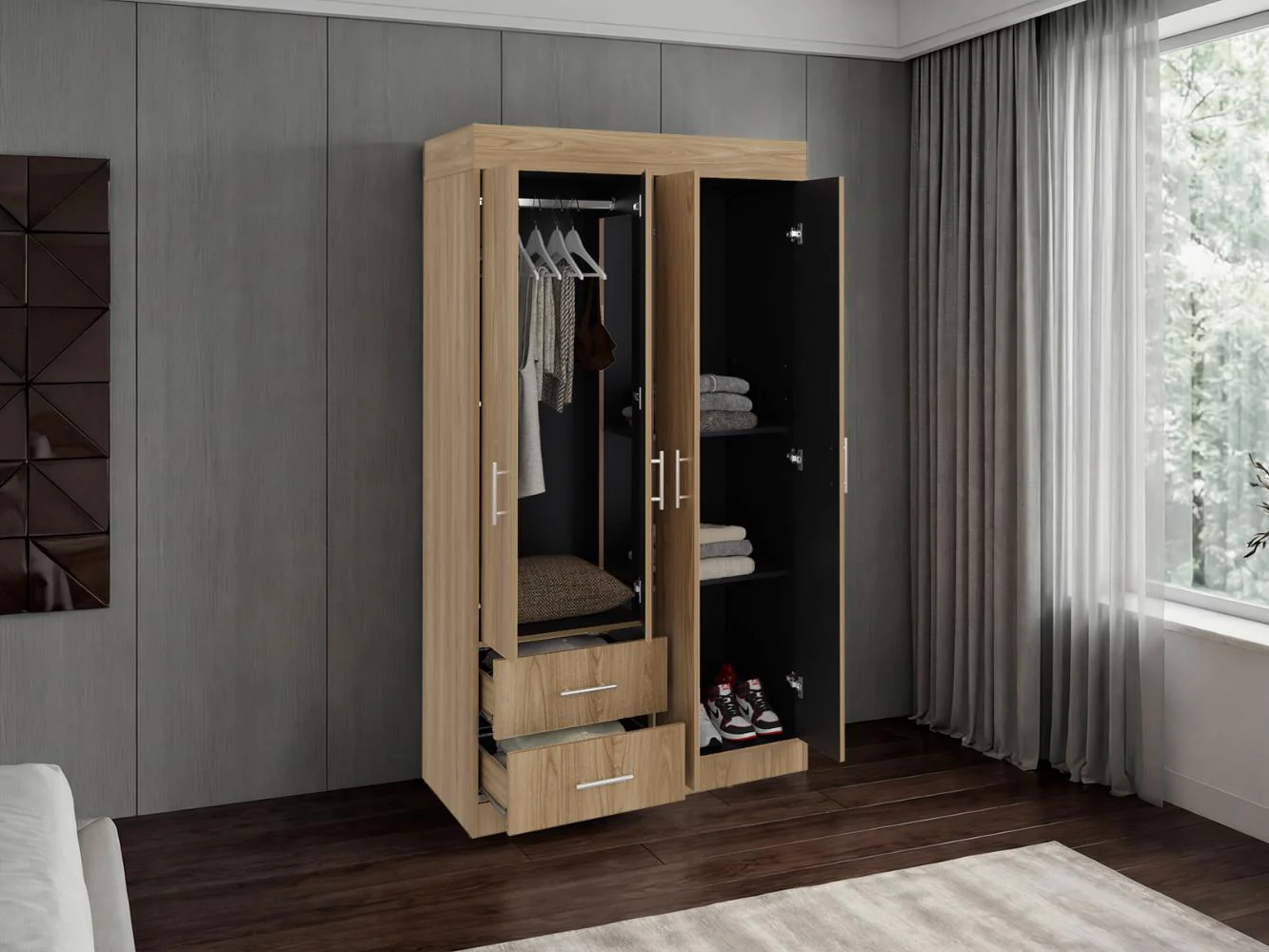 Closet Houston, Fresno Europeo y Wengue , Con Cuatro Puertas Batientes y Dos Cajones Con Amplio Espacio De Almacenamiento - Image 6