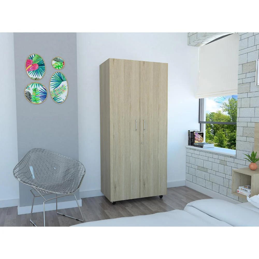 CLOSET IKER, BEIGE Y BLANCO, CON MALETERO Y RODACHINAS PARA SU FÁCIL DESPLAZAMIENTO